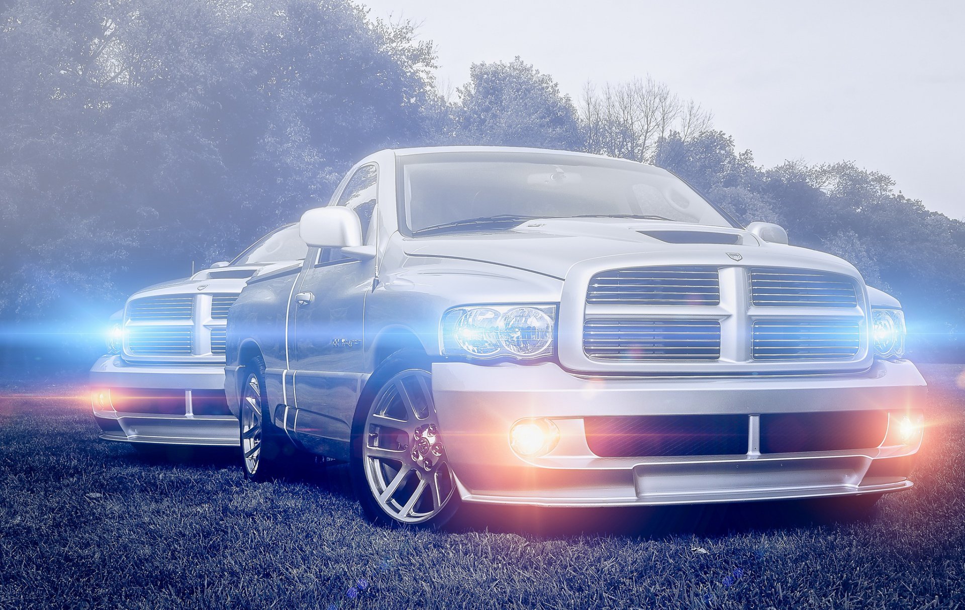 dodge ram srebrny przód pickup dodge srebrny pickup blask