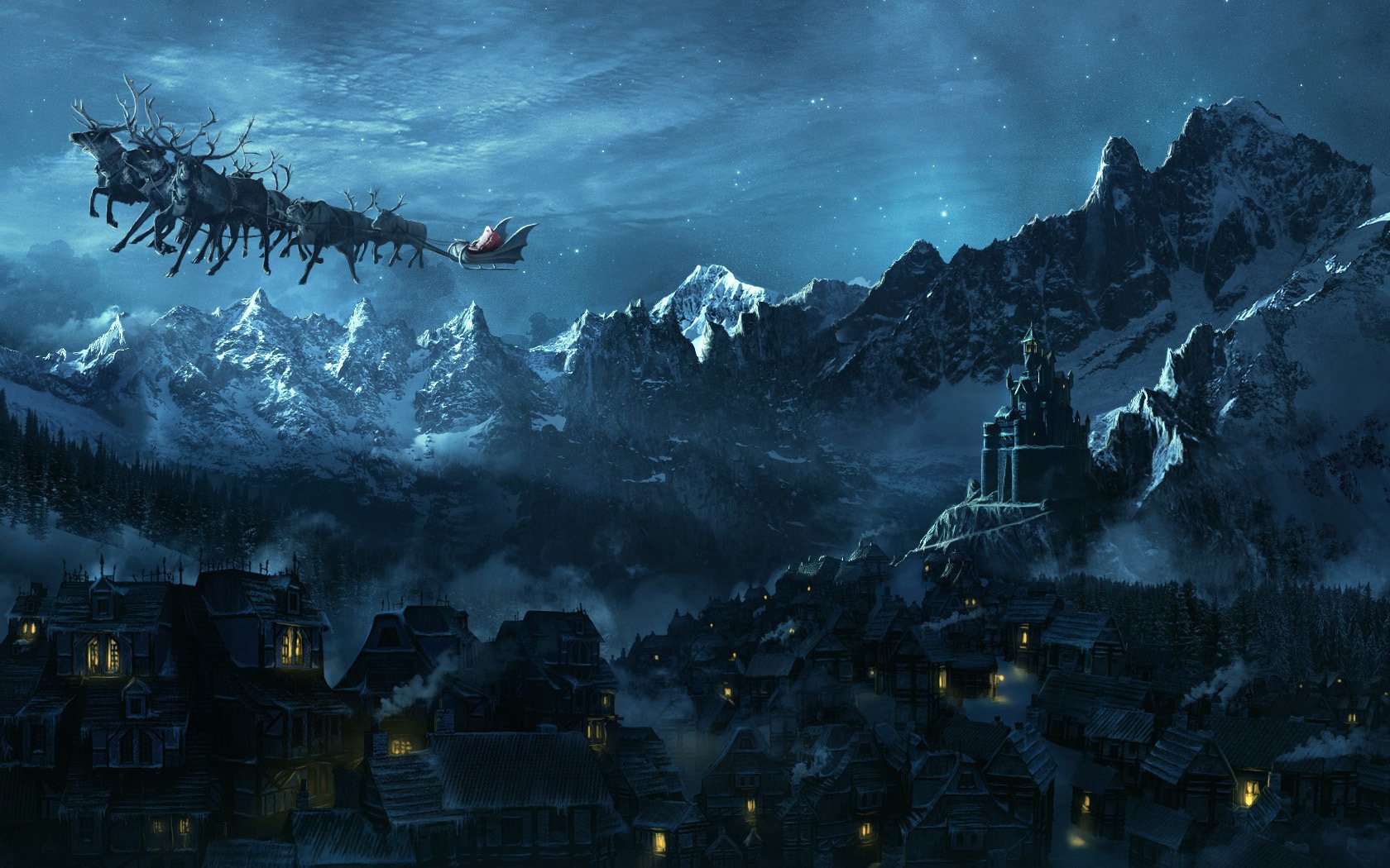 oon the new year mountains winter new year deer lights flight mood castle holiday night santa claus town miracle