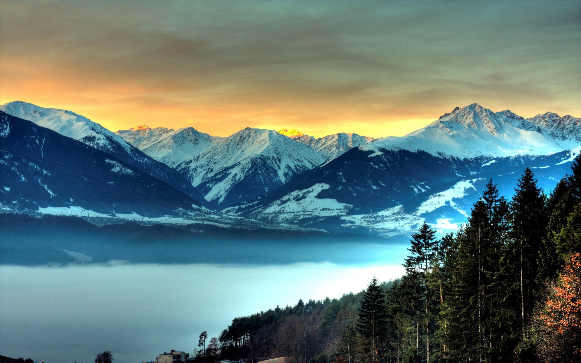 montagnes forêt brouillard neige ciel lueur