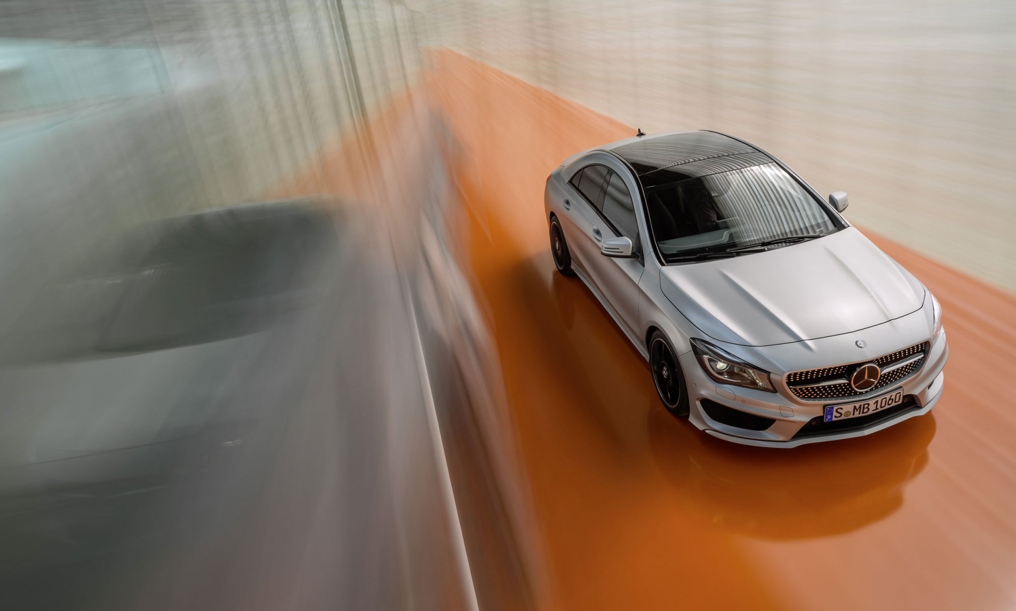 mercedes-benz cla class in motion view from the top machine matte silver