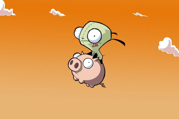 Chien porte un cochon dans le ciel orange