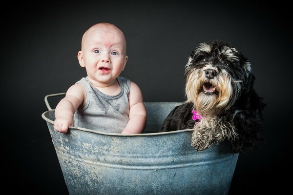 Drôle garçon et chien souriant