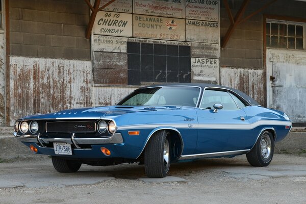 Blue retro car on the background of warehouses