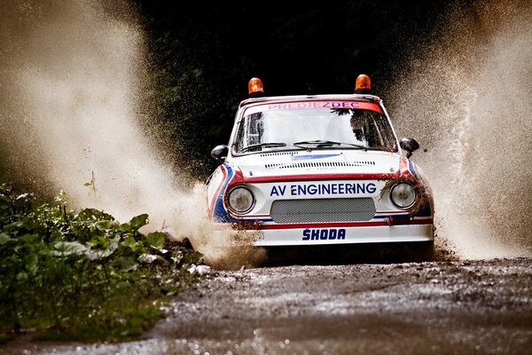 Un auto da rally attraversa un ostacolo d acqua