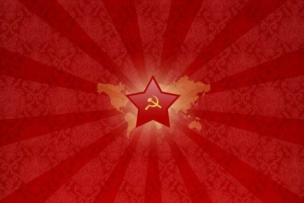 Symbols of the USSR hammer and sickle on the background of a red star. Contours of the map of the USSR with a red star sickle and hammer