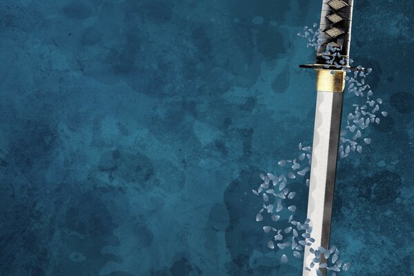 Espada con pétalos enrollados sobre fondo azul