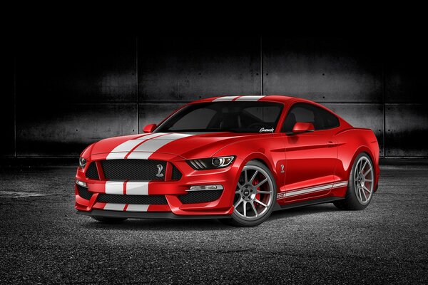 Tuning Ford Mustang rouge avec deux bandes blanches le long de l ensemble du corps