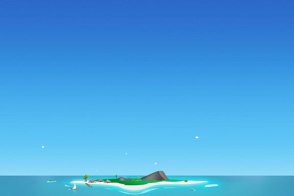 Disegno dell Isola nell oceano e cielo blu con gli uccelli