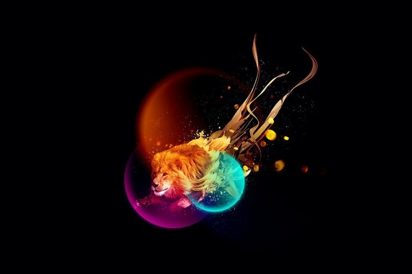 A lion with a fiery mane in the outline of colored circles on a black background