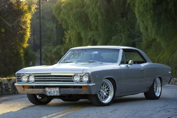 Grey retro car, Chevrolet on the road