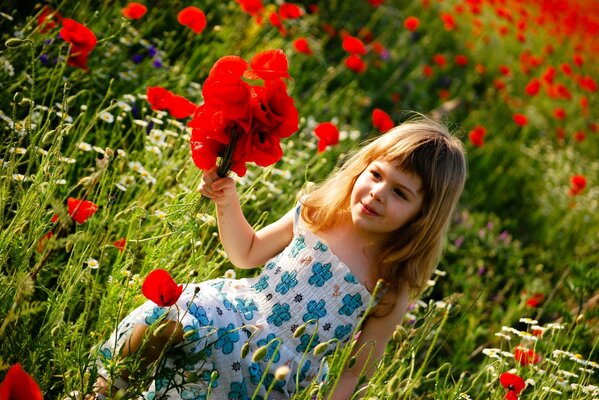Un enfant marche dans une Prairie avec des coquelicots rouges