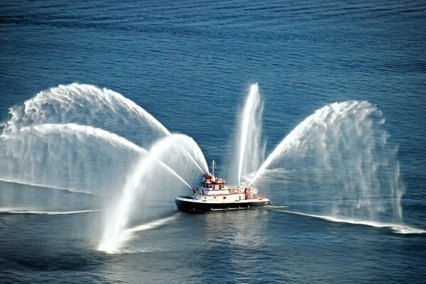 Fire boat at sea exercises