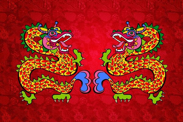Paired red dragons for the new year