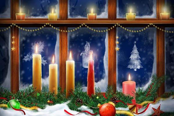 New Year s greetings candles by the window