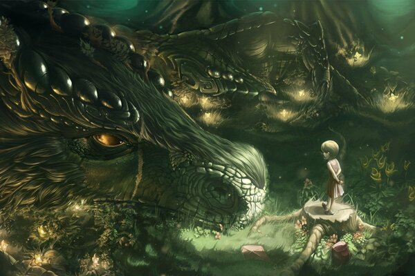 A girl with a dragon in a fantasy forest