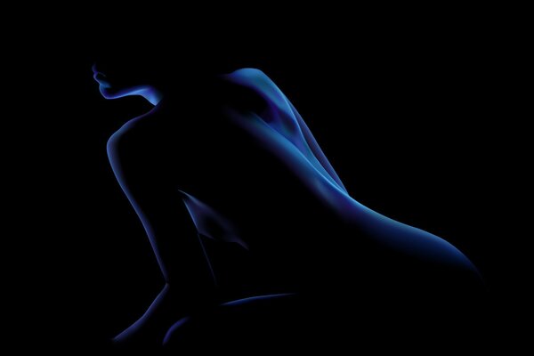 Figura della ragazza nuda nell oscurità nera illuminata luce al neon