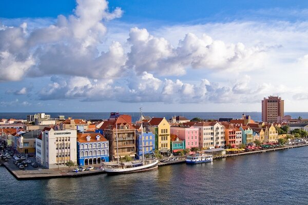 A city near the sea with a view of the sky