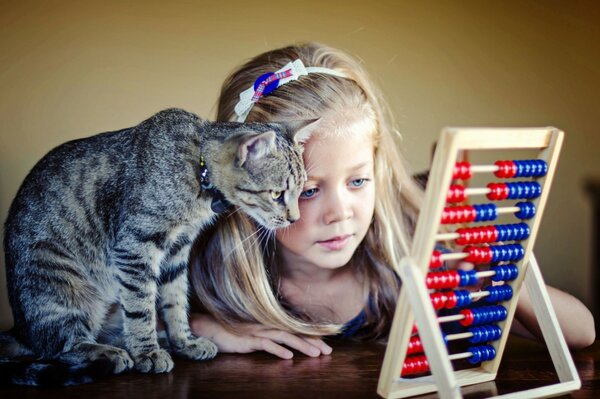 Belle fille avec son chat apprendre à compter sur les comptes