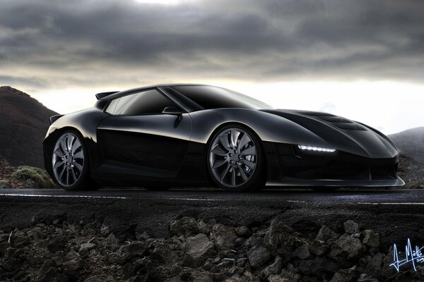 Concept Car Coupe 3D Art en el fondo de las montañas