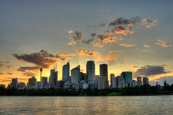 The city from the dawn high-rise with water