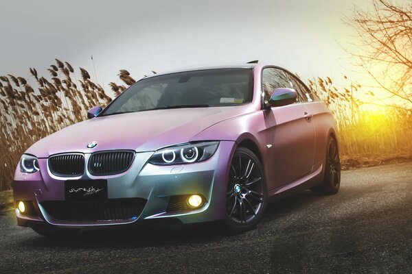 BMW sports car on the background of a field at sunset