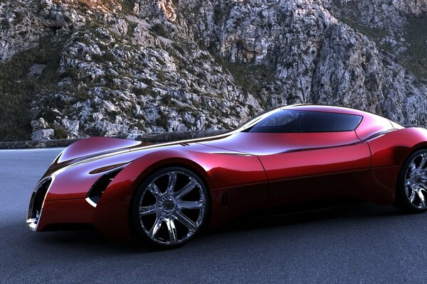 Красивый красный автомобиль bugatti aerolithe на дороге