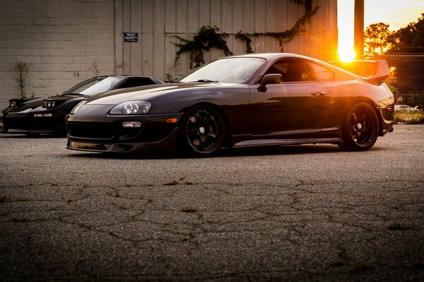 Beautiful black Honda on sunset background