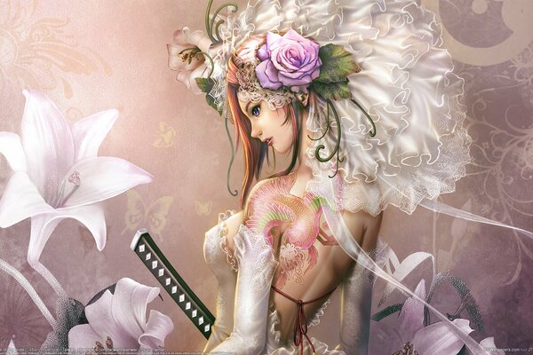 Mariée dans une robe avec des fleurs sur la tête