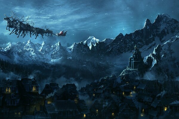 Traîneau de Rennes et le père Noël en traîneau sur la ville dans les montagnes dans la nuit du nouvel an