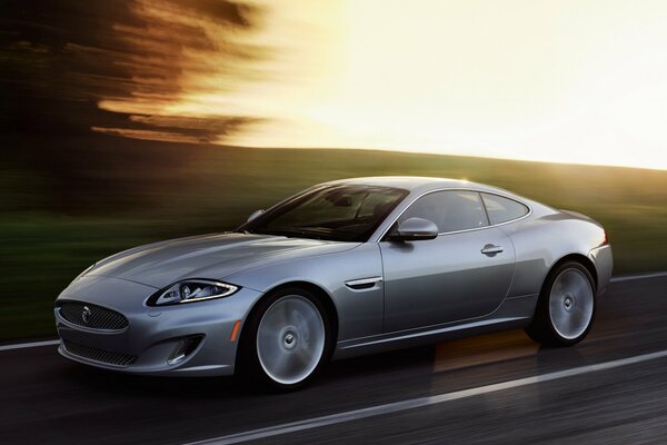 Srebrny samochód Jaguar XK w ruchu