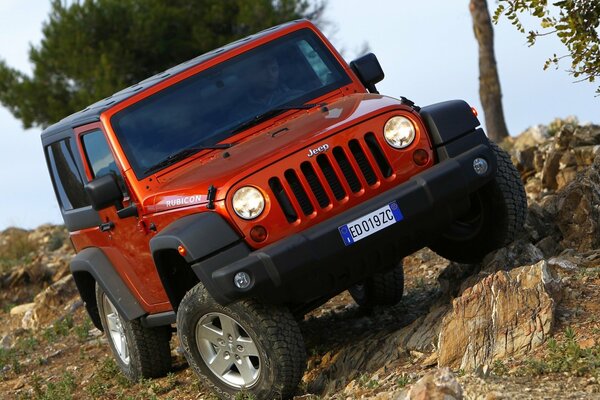 Red jeep regnler in the slope