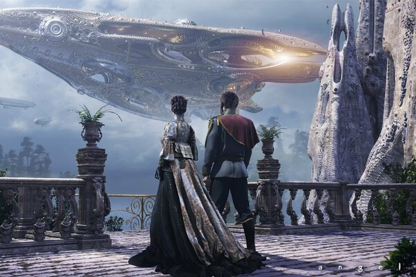 Nave espacial se acerca a la pareja