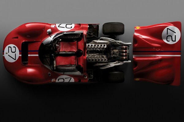 Racing car top view the engine department is visible