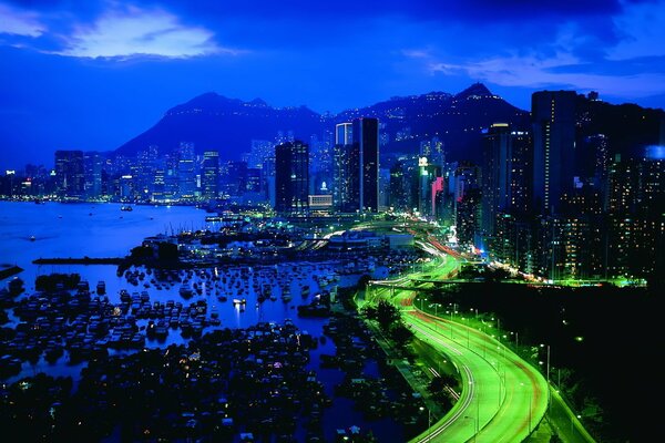 City night lights by the sea