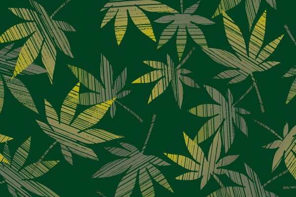 Themed green wallpaper. Leaves, hemp, soft color