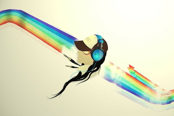 Dummy mit Kopfhörern und Mütze mitten im Regenbogen