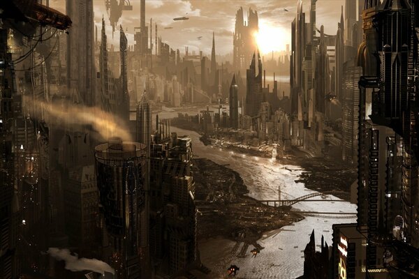 Sunset view in the city of the future