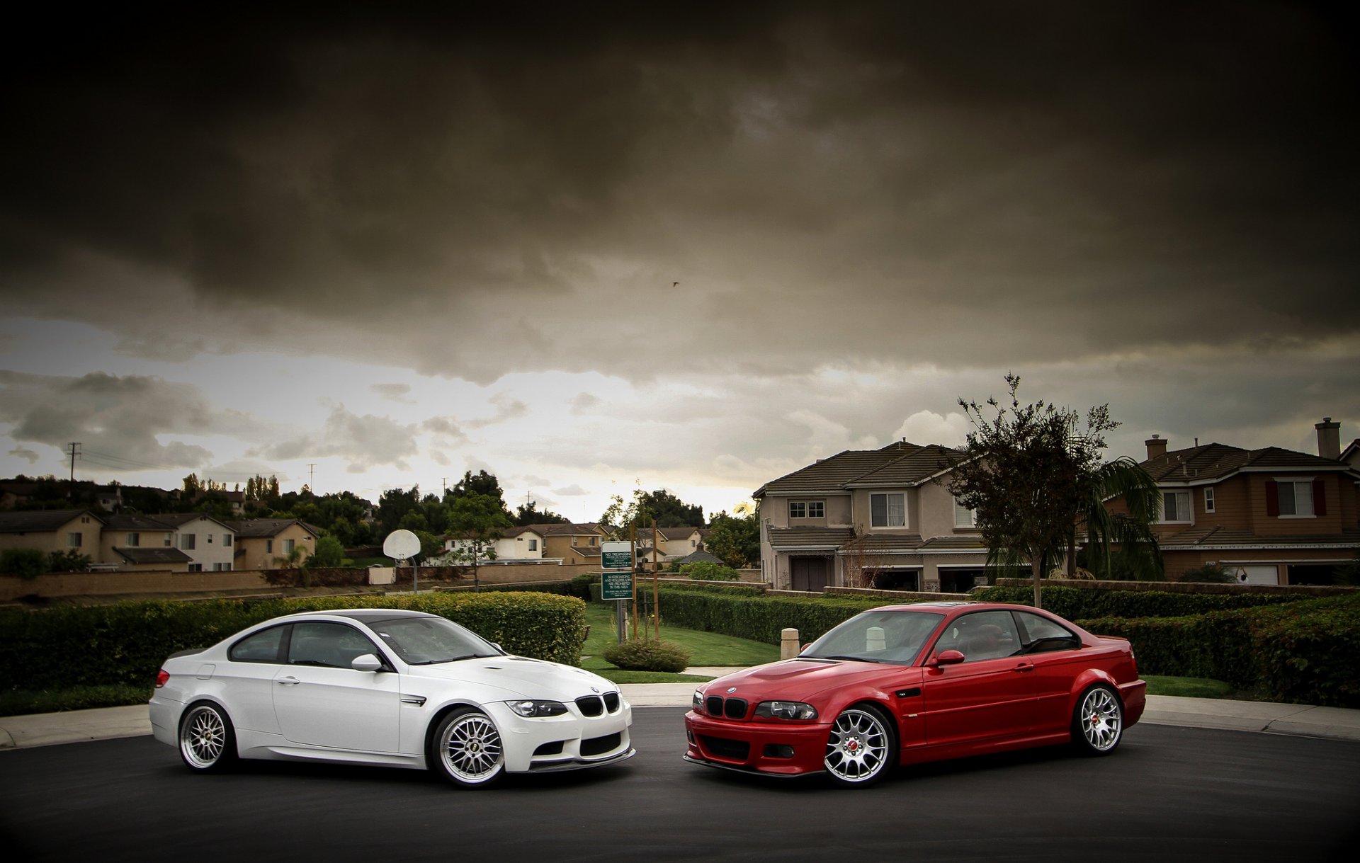 bmw m3 e46 e92 red white bmw red side view wheels bbs houses shrubbery sky cloud