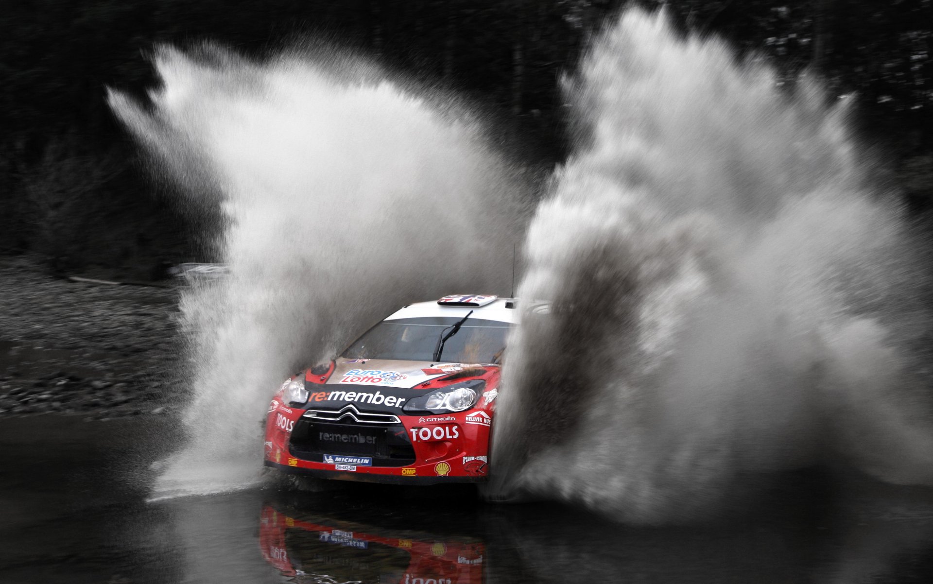 citroen ds3 zlot wrc rally sport auto samochód citroen przód splash water speed race czarno-biały czerwony