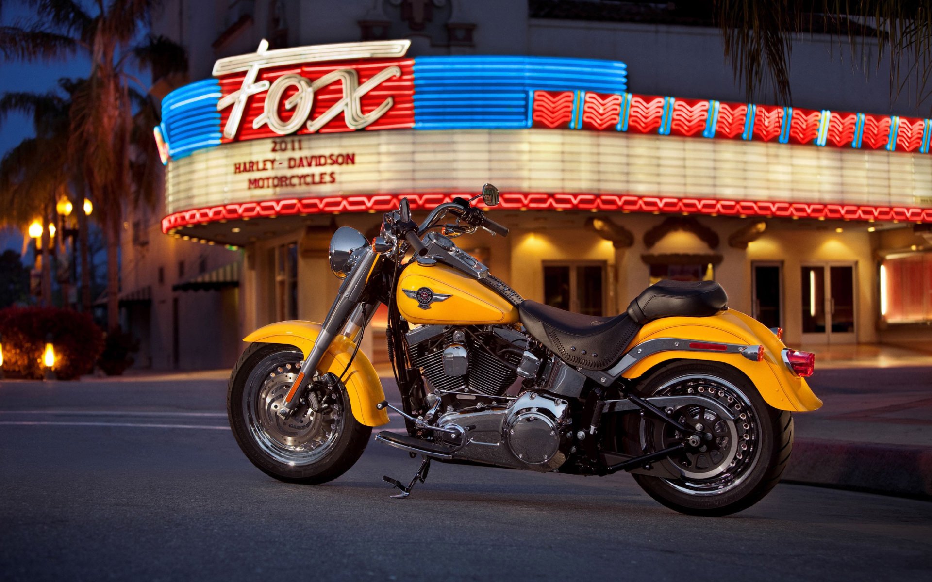 american bike harley-davidson bright yellow flowers lights night of the city