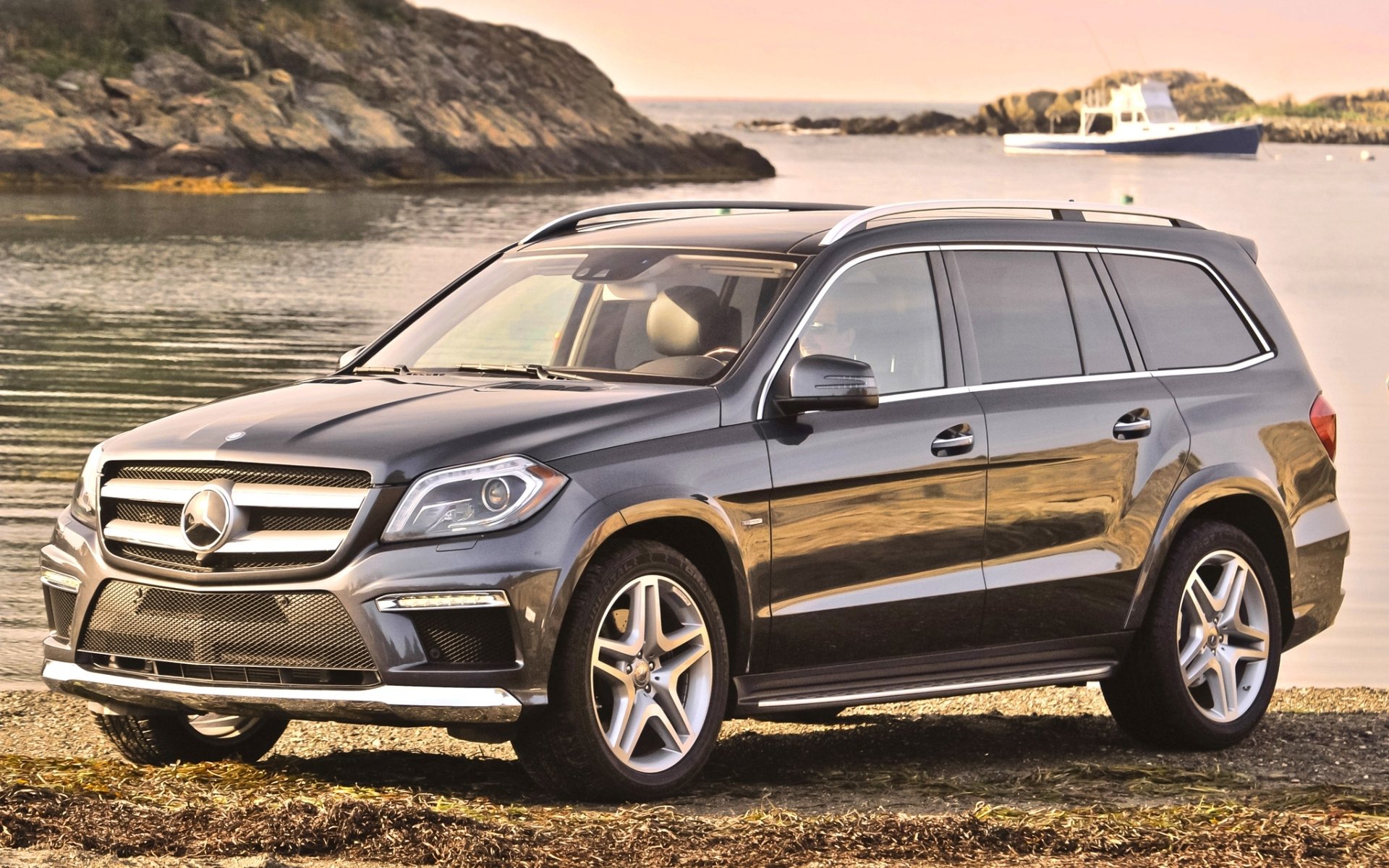 mercedes-benz gl mercedes gl jeep front shore water boat background