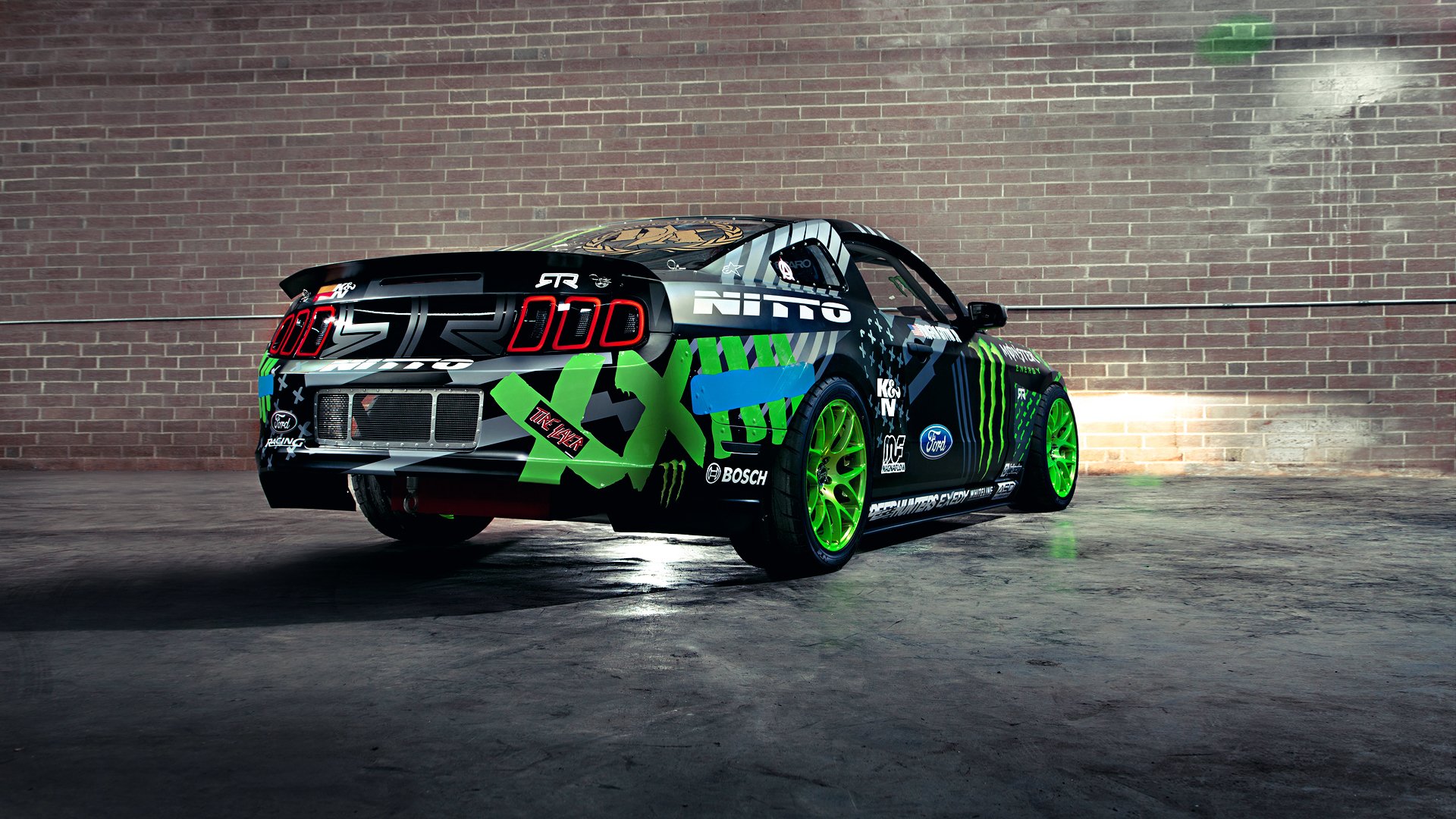 ford mustang rtr deriva vaughn jittin jr. monster energy competencia coche deportivo negro verde pared