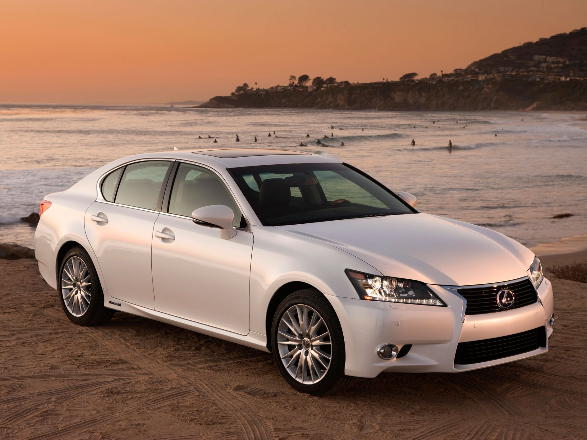 lexus gs450h lexus gs limousine weiß front strand küste ozean sonnenuntergang himmel