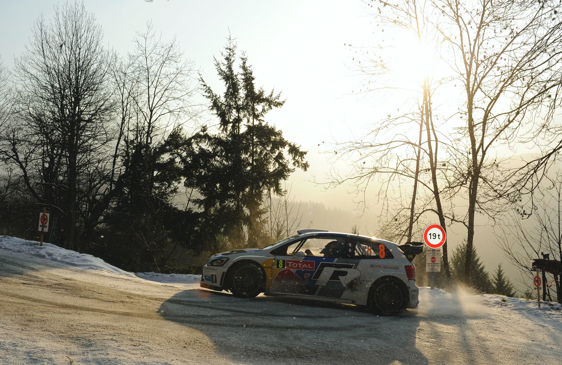 volkswagen polo wrc rally sport car rally snow winter white auto red bull sebastian ogier julien ingrassia side view competition light sun