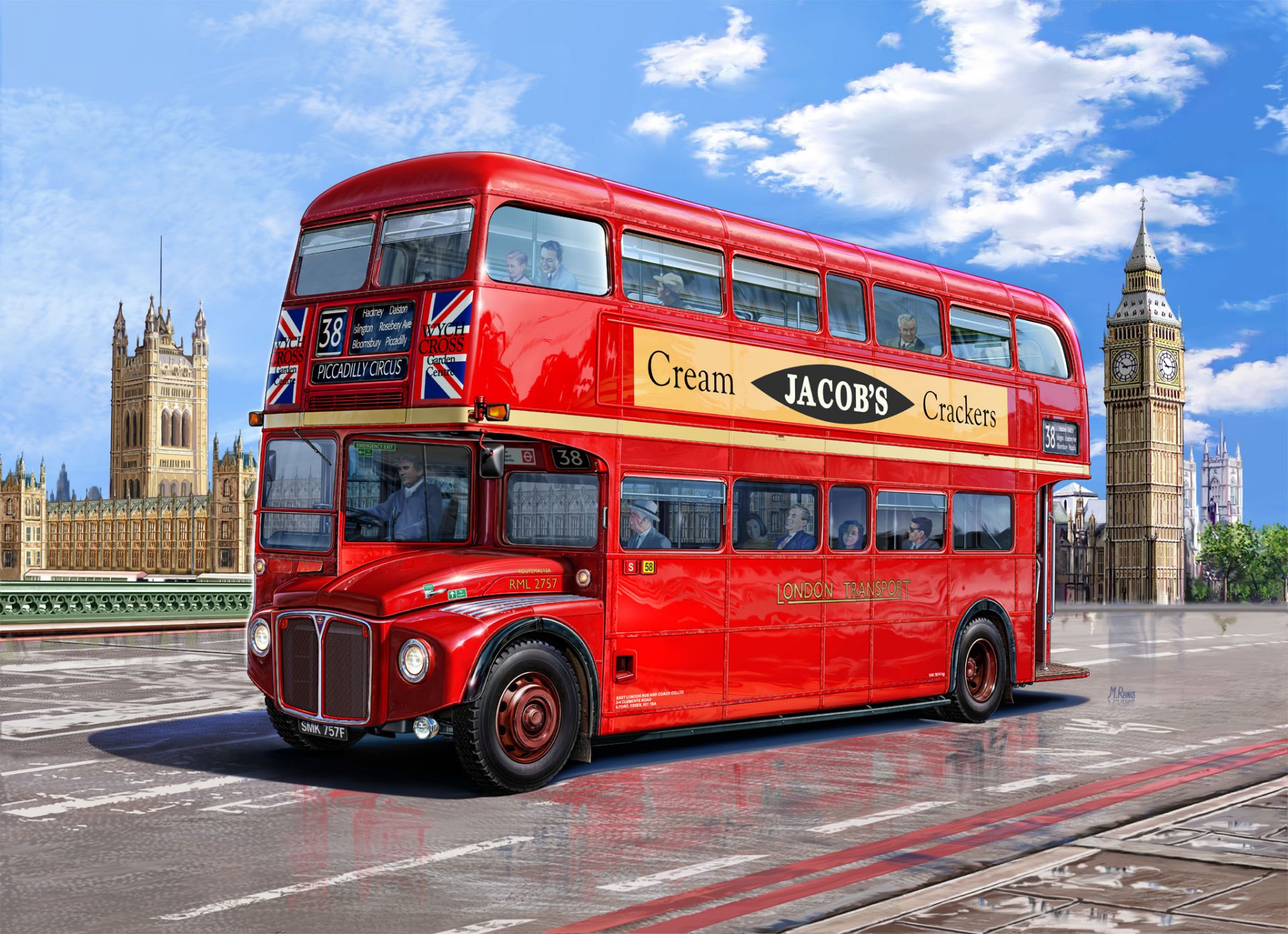 figura michal reinis autobus di londra aec routemaster rosso a due piani londra autobus palazzo di westminster big ben big ben