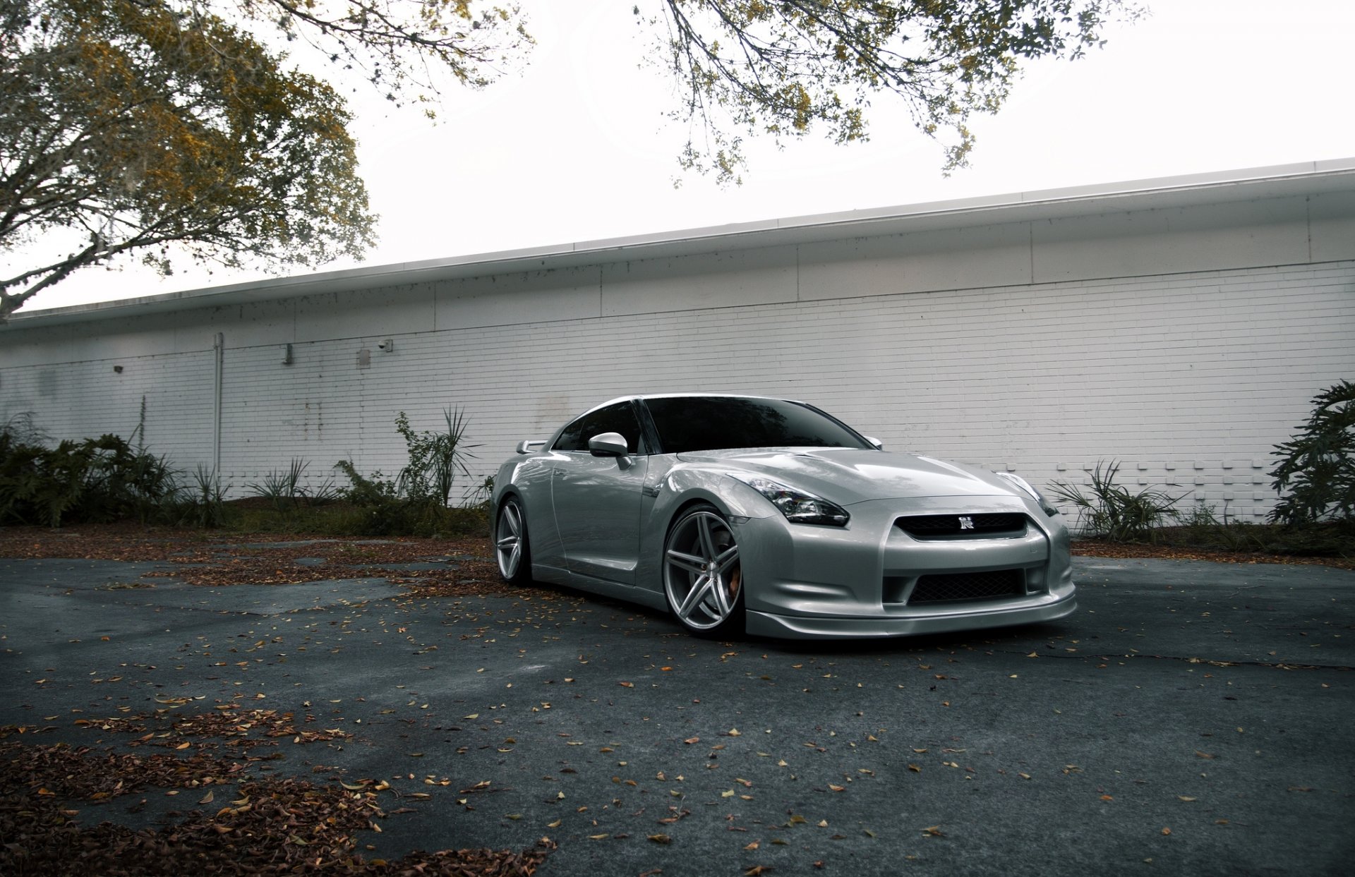 nissan gtr r35 plata nissan gtr plata vista frontal edificio blanco asfalto hoja otoño