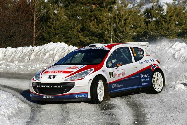 A car in a skid at a winter rally