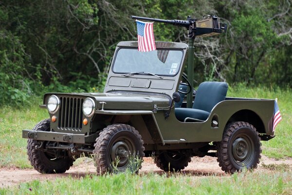 American jeep SUV with a flag