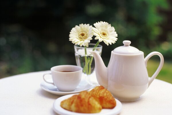 Tea in a white set with croissants