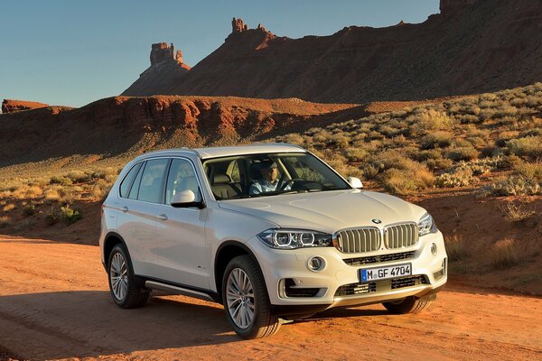 Das Bild des weißen Autos bmw x5 xdrive30d in den Bergen